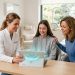 Ortodoncista mostrando una simulación 3D de ortodoncia a un adolescente y su madre en Clínica Dental Can Parellada, Terrassa